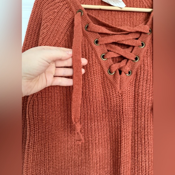 Lace-Up Ribbed Knit Sweater - Rust - Picture 3 of 7
